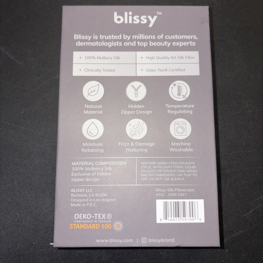 Dark Gray Blissy 600 Thread Count 100% Mulberry Silk Pillowcase Size King 20702 - Picture 2 of 4